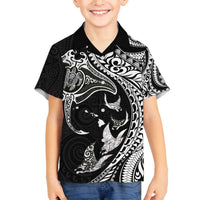 Hawaiian Manta Ray and Polynesian Tribal Tattoo Family Matching Off The Shoulder Long Sleeve Dress and Hawaiian Shirt Black Color LT03 Son's Shirt Black - Polynesian Pride