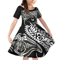 Hawaiian Manta Ray and Polynesian Tribal Tattoo Family Matching Off Shoulder Short Dress and Hawaiian Shirt Black Color LT03