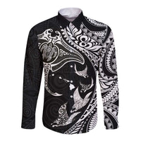Hawaiian Manta Ray and Polynesian Tribal Tattoo Long Sleeve Button Shirt Black Color LT03 Unisex Black - Polynesian Pride
