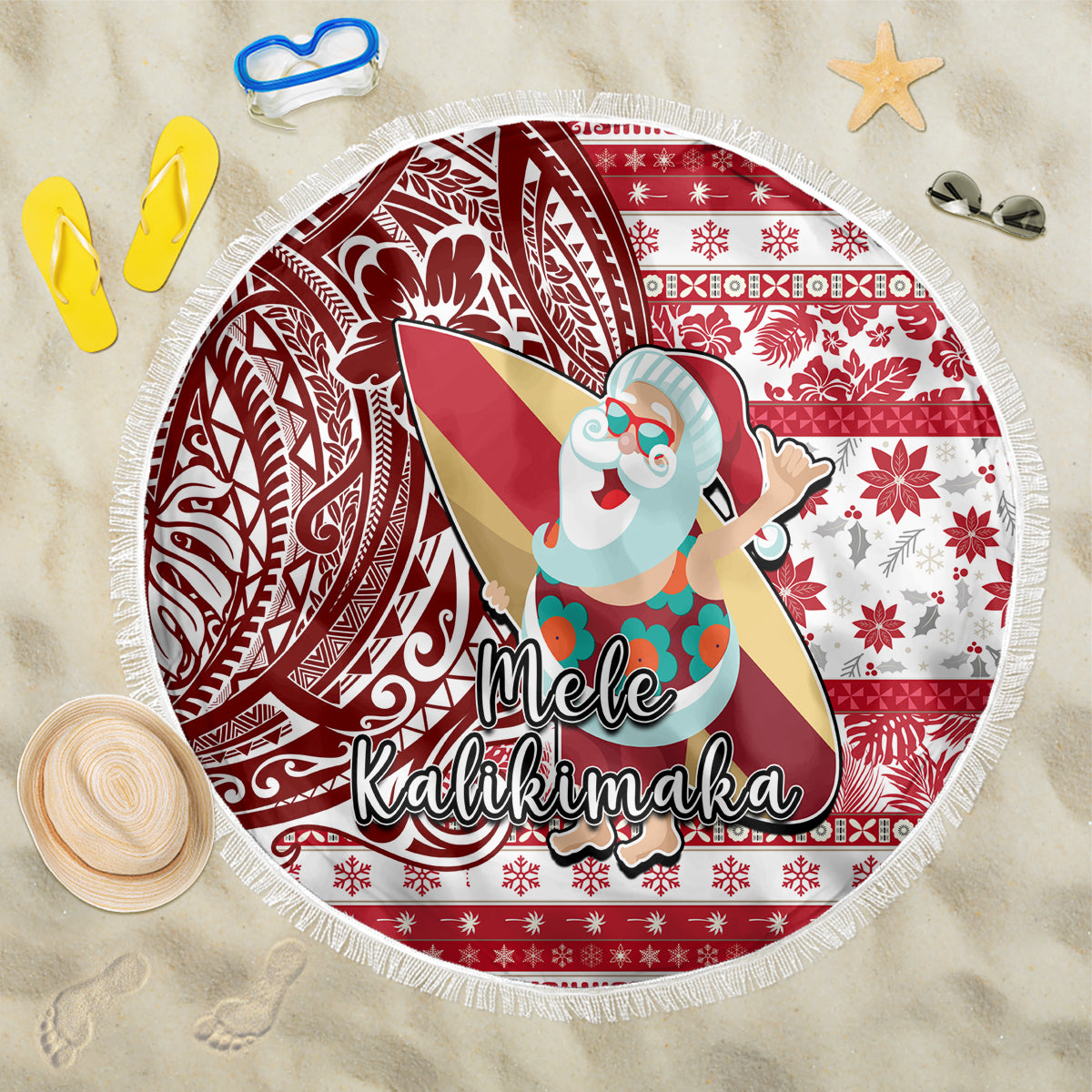 Hawaii Mele Kalikimaka Beach Blanket Santa Claus Surfing with Hawaiian Pattern Striped Red Style LT03 One Size 150cm Red - Polynesian Pride