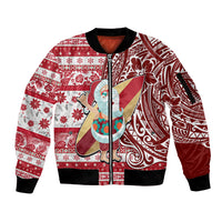 Hawaii Mele Kalikimaka Sleeve Zip Bomber Jacket Santa Claus Surfing with Hawaiian Pattern Striped Red Style LT03 Unisex Red - Polynesian Pride
