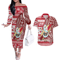 Custom Hawaii Mele Kalikimaka Couples Matching Off The Shoulder Long Sleeve Dress and Hawaiian Shirt Santa Claus Surfing with Hawaiian Pattern Striped Red Style LT03 Red - Polynesian Pride