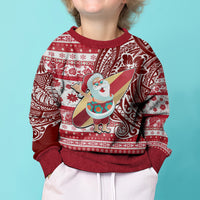 Custom Hawaii Mele Kalikimaka Kid Ugly Christmas Sweater Santa Claus Surfing with Hawaiian Pattern Striped Red Style LT03 - Polynesian Pride