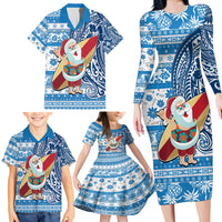 Hawaii Mele Kalikimaka Family Matching Long Sleeve Bodycon Dress and Hawaiian Shirt Santa Claus Surfing with Hawaiian Pattern Striped Blue Style LT03 - Polynesian Pride