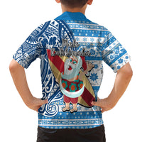 Hawaii Mele Kalikimaka Kid Hawaiian Shirt Santa Claus Surfing with Hawaiian Pattern Striped Blue Style LT03 - Polynesian Pride