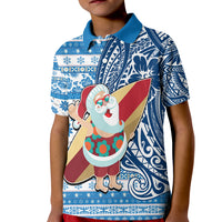 Hawaii Mele Kalikimaka Kid Polo Shirt Santa Claus Surfing with Hawaiian Pattern Striped Blue Style LT03 Kid Blue - Polynesian Pride
