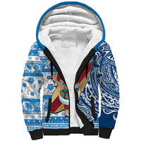 Hawaii Mele Kalikimaka Sherpa Hoodie Santa Claus Surfing with Hawaiian Pattern Striped Blue Style LT03 Unisex Blue - Polynesian Pride