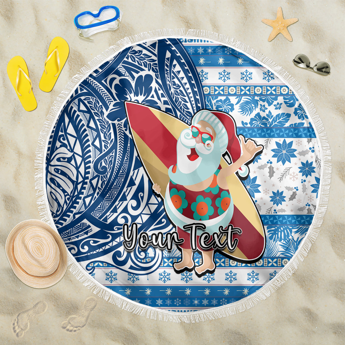 Custom Hawaii Mele Kalikimaka Beach Blanket Santa Claus Surfing with Hawaiian Pattern Striped Blue Style LT03 One Size 150cm Blue - Polynesian Pride