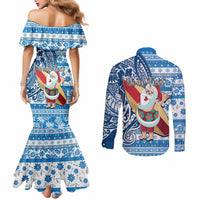 Custom Hawaii Mele Kalikimaka Couples Matching Mermaid Dress and Long Sleeve Button Shirt Santa Claus Surfing with Hawaiian Pattern Striped Blue Style LT03 - Polynesian Pride