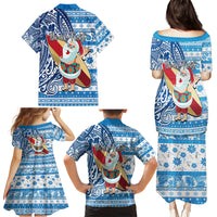 Custom Hawaii Mele Kalikimaka Family Matching Puletasi Dress and Hawaiian Shirt Santa Claus Surfing with Hawaiian Pattern Striped Blue Style LT03 - Polynesian Pride