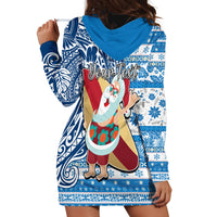 Custom Hawaii Mele Kalikimaka Hoodie Dress Santa Claus Surfing with Hawaiian Pattern Striped Blue Style LT03 - Polynesian Pride