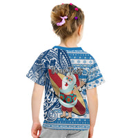 Custom Hawaii Mele Kalikimaka Kid T Shirt Santa Claus Surfing with Hawaiian Pattern Striped Blue Style LT03 - Polynesian Pride