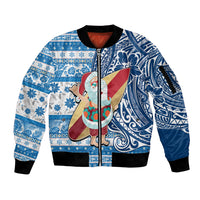 Custom Hawaii Mele Kalikimaka Sleeve Zip Bomber Jacket Santa Claus Surfing with Hawaiian Pattern Striped Blue Style LT03 Unisex Blue - Polynesian Pride