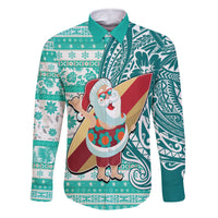 Hawaii Mele Kalikimaka Family Matching Long Sleeve Bodycon Dress and Hawaiian Shirt Santa Claus Surfing with Hawaiian Pattern Striped Turquoise Style LT03 Dad's Shirt - Long Sleeve Turquoise - Polynesian Pride