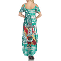 Hawaii Mele Kalikimaka Family Matching Summer Maxi Dress and Hawaiian Shirt Santa Claus Surfing with Hawaiian Pattern Striped Turquoise Style LT03 - Polynesian Pride