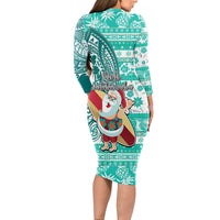 Hawaii Mele Kalikimaka Long Sleeve Bodycon Dress Santa Claus Surfing with Hawaiian Pattern Striped Turquoise Style LT03 - Polynesian Pride