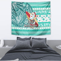 Hawaii Mele Kalikimaka Tapestry Santa Claus Surfing with Hawaiian Pattern Striped Turquoise Style LT03 - Polynesian Pride