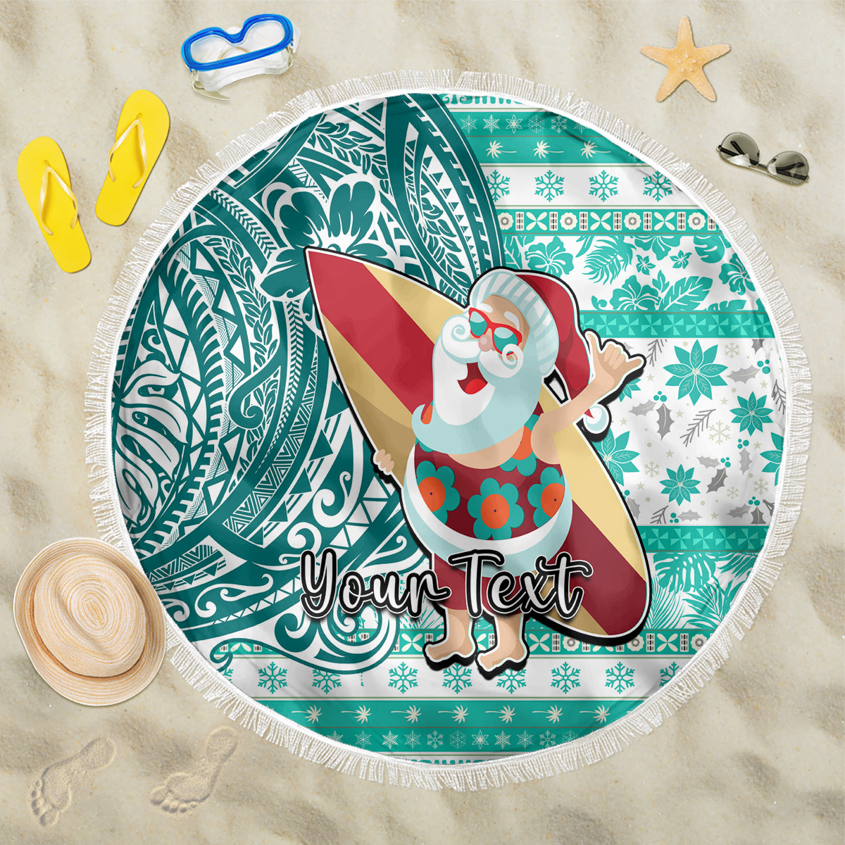 Custom Hawaii Mele Kalikimaka Beach Blanket Santa Claus Surfing with Hawaiian Pattern Striped Turquoise Style LT03 One Size 150cm Turquoise - Polynesian Pride