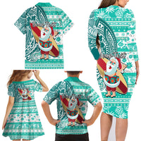 Custom Hawaii Mele Kalikimaka Family Matching Long Sleeve Bodycon Dress and Hawaiian Shirt Santa Claus Surfing with Hawaiian Pattern Striped Turquoise Style LT03 - Polynesian Pride
