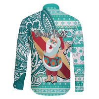 Custom Hawaii Mele Kalikimaka Family Matching Long Sleeve Bodycon Dress and Hawaiian Shirt Santa Claus Surfing with Hawaiian Pattern Striped Turquoise Style LT03 - Polynesian Pride