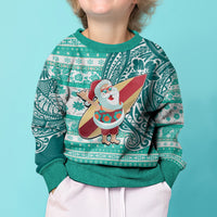 Custom Hawaii Mele Kalikimaka Kid Ugly Christmas Sweater Santa Claus Surfing with Hawaiian Pattern Striped Turquoise Style LT03 - Polynesian Pride