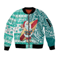 Custom Hawaii Mele Kalikimaka Sleeve Zip Bomber Jacket Santa Claus Surfing with Hawaiian Pattern Striped Turquoise Style LT03 Unisex Turquoise - Polynesian Pride