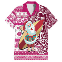 Hawaii Mele Kalikimaka Family Matching Long Sleeve Bodycon Dress and Hawaiian Shirt Santa Claus Surfing with Hawaiian Pattern Striped Pink Style LT03 Dad's Shirt - Short Sleeve Pink - Polynesian Pride