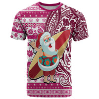 Hawaii Mele Kalikimaka T Shirt Santa Claus Surfing with Hawaiian Pattern Striped Pink Style LT03 Pink - Polynesian Pride