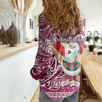 Hawaii Mele Kalikimaka Women Casual Shirt Santa Claus Surfing with Hawaiian Pattern Striped Pink Style LT03 - Polynesian Pride