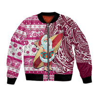 Custom Hawaii Mele Kalikimaka Bomber Jacket Santa Claus Surfing with Hawaiian Pattern Striped Pink Style LT03 Unisex Pink - Polynesian Pride