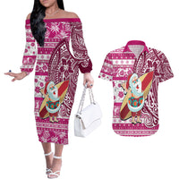 Custom Hawaii Mele Kalikimaka Couples Matching Off The Shoulder Long Sleeve Dress and Hawaiian Shirt Santa Claus Surfing with Hawaiian Pattern Striped Pink Style LT03 Pink - Polynesian Pride