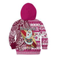 Custom Hawaii Mele Kalikimaka Kid Hoodie Santa Claus Surfing with Hawaiian Pattern Striped Pink Style LT03 - Polynesian Pride