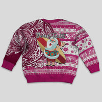 Custom Hawaii Mele Kalikimaka Kid Ugly Christmas Sweater Santa Claus Surfing with Hawaiian Pattern Striped Pink Style LT03 - Polynesian Pride