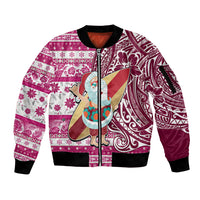 Custom Hawaii Mele Kalikimaka Sleeve Zip Bomber Jacket Santa Claus Surfing with Hawaiian Pattern Striped Pink Style LT03 Unisex Pink - Polynesian Pride