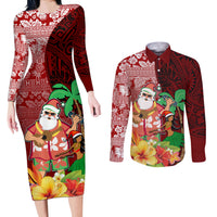 Hawaii Mele Kalikimaka Couples Matching Long Sleeve Bodycon Dress and Long Sleeve Button Shirt Santa Claus and Hula Girl Tropical Folwer with Hawaiian Pattern LT03 Red - Polynesian Pride