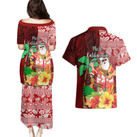 Hawaii Mele Kalikimaka Couples Matching Puletasi Dress and Hawaiian Shirt Santa Claus and Hula Girl Tropical Folwer with Hawaiian Pattern LT03 - Polynesian Pride