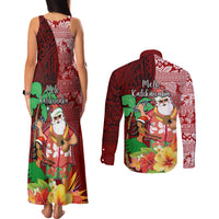 Hawaii Mele Kalikimaka Couples Matching Tank Maxi Dress and Long Sleeve Button Shirt Santa Claus and Hula Girl Tropical Folwer with Hawaiian Pattern LT03 - Polynesian Pride