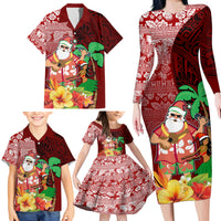 Hawaii Mele Kalikimaka Family Matching Long Sleeve Bodycon Dress and Hawaiian Shirt Santa Claus and Hula Girl Tropical Folwer with Hawaiian Pattern LT03 - Polynesian Pride