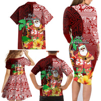 Hawaii Mele Kalikimaka Family Matching Long Sleeve Bodycon Dress and Hawaiian Shirt Santa Claus and Hula Girl Tropical Folwer with Hawaiian Pattern LT03 - Polynesian Pride
