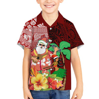 Hawaii Mele Kalikimaka Family Matching Off Shoulder Long Sleeve Dress and Hawaiian Shirt Santa Claus and Hula Girl Tropical Folwer with Hawaiian Pattern LT03 Son's Shirt Red - Polynesian Pride