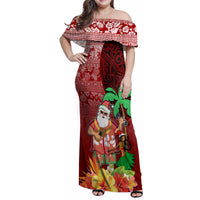 Hawaii Mele Kalikimaka Family Matching Off Shoulder Maxi Dress and Hawaiian Shirt Santa Claus and Hula Girl Tropical Folwer with Hawaiian Pattern LT03 Mom's Dress Red - Polynesian Pride