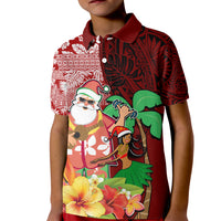 Hawaii Mele Kalikimaka Kid Polo Shirt Santa Claus and Hula Girl Tropical Folwer with Hawaiian Pattern LT03 Kid Red - Polynesian Pride