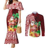 Custom Hawaii Mele Kalikimaka Couples Matching Mermaid Dress and Long Sleeve Button Shirt Santa Claus and Hula Girl Tropical Folwer with Hawaiian Pattern LT03 Red - Polynesian Pride