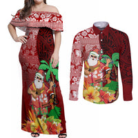 Custom Hawaii Mele Kalikimaka Couples Matching Off Shoulder Maxi Dress and Long Sleeve Button Shirt Santa Claus and Hula Girl Tropical Folwer with Hawaiian Pattern LT03 Red - Polynesian Pride