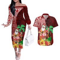 Custom Hawaii Mele Kalikimaka Couples Matching Off The Shoulder Long Sleeve Dress and Hawaiian Shirt Santa Claus and Hula Girl Tropical Folwer with Hawaiian Pattern LT03 Red - Polynesian Pride