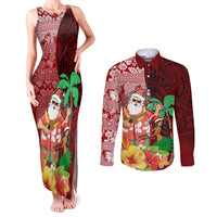 Custom Hawaii Mele Kalikimaka Couples Matching Tank Maxi Dress and Long Sleeve Button Shirt Santa Claus and Hula Girl Tropical Folwer with Hawaiian Pattern LT03 Red - Polynesian Pride