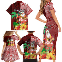 Custom Hawaii Mele Kalikimaka Family Matching Short Sleeve Bodycon Dress and Hawaiian Shirt Santa Claus and Hula Girl Tropical Folwer with Hawaiian Pattern LT03 - Polynesian Pride