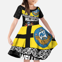 New Zealand Wellington Family Matching Tank Maxi Dress and Hawaiian Shirt The Capital's Emblems Flag and Koru Art LT03 Daughter's Dress Black - Polynesian Pride