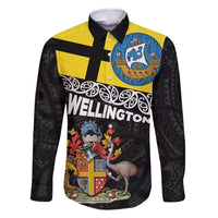 New Zealand Wellington Family Matching Tank Maxi Dress and Hawaiian Shirt The Capital's Emblems Flag and Koru Art LT03 Dad's Shirt - Long Sleeve Black - Polynesian Pride