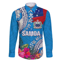 Personalised Samoa Coat Of Arms Family Matching Long Sleeve Bodycon Dress and Hawaiian Shirt Tropical Flower Blue Polynesian Pattern LT03 Dad's Shirt - Long Sleeve Blue - Polynesian Pride